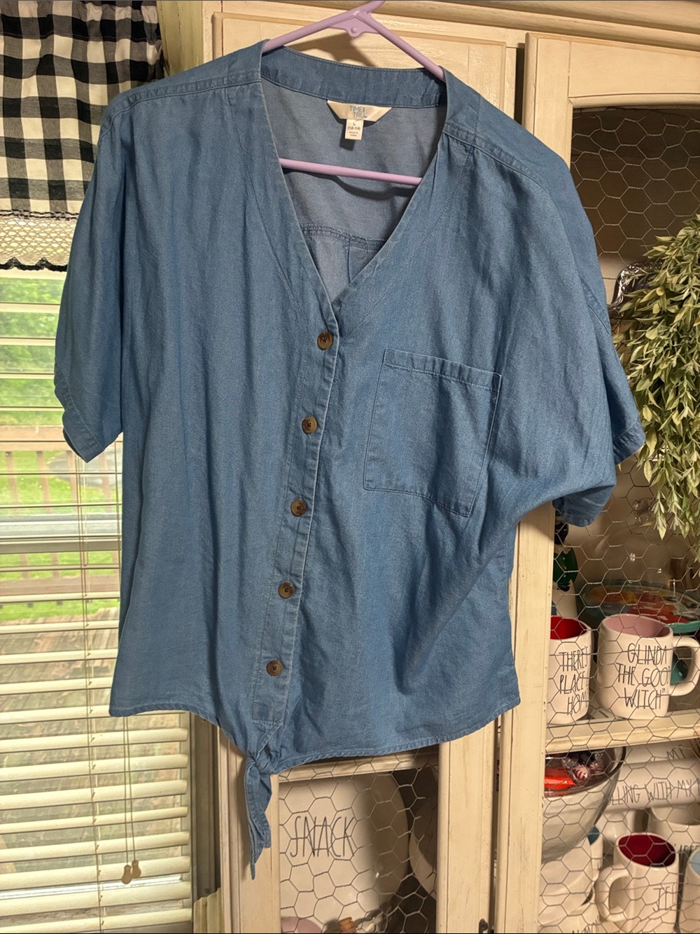 Time and Tru Light Blue Button-Front Tie-Hem Top